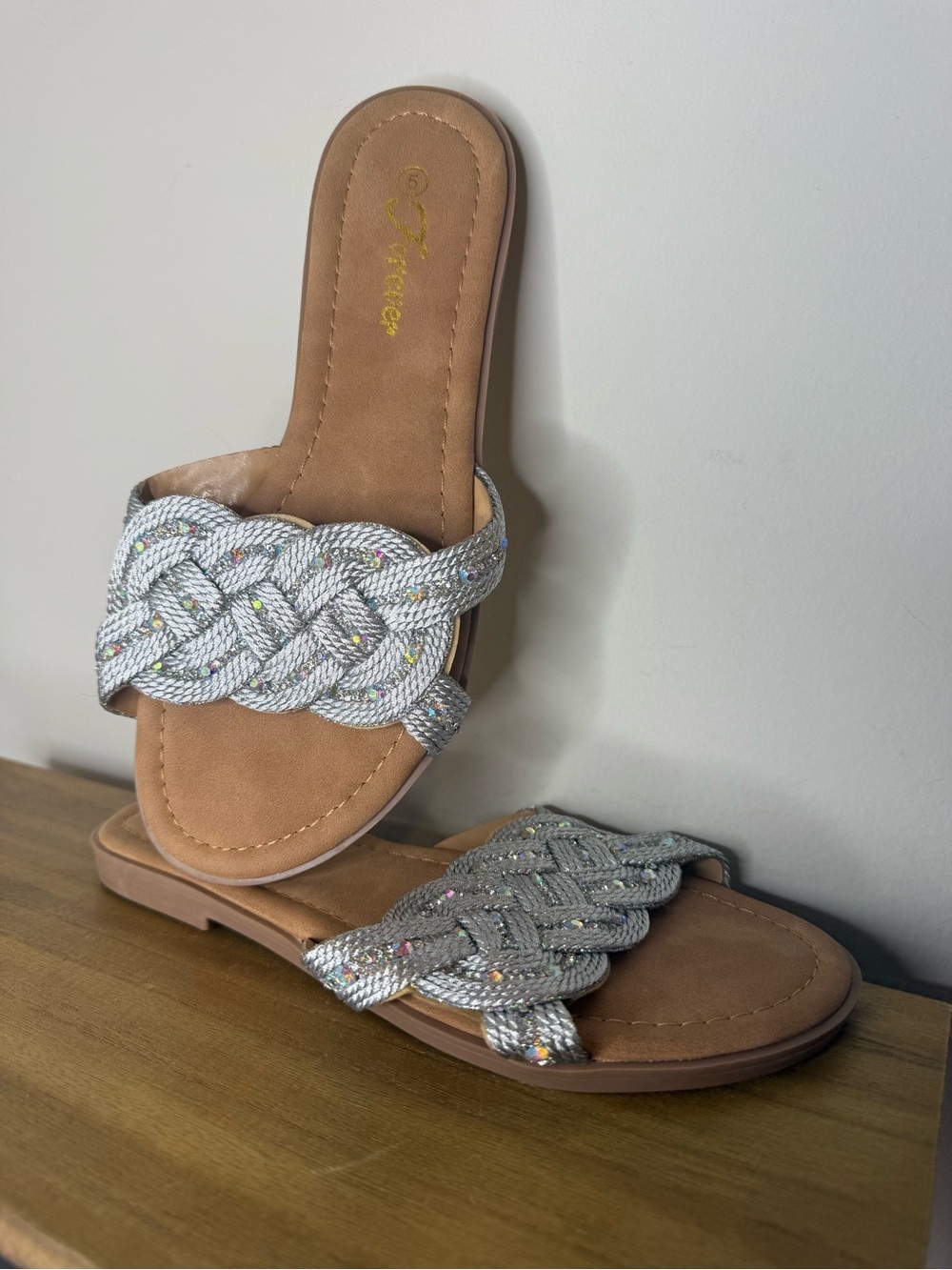Braided Silver Slide Sandals - Women